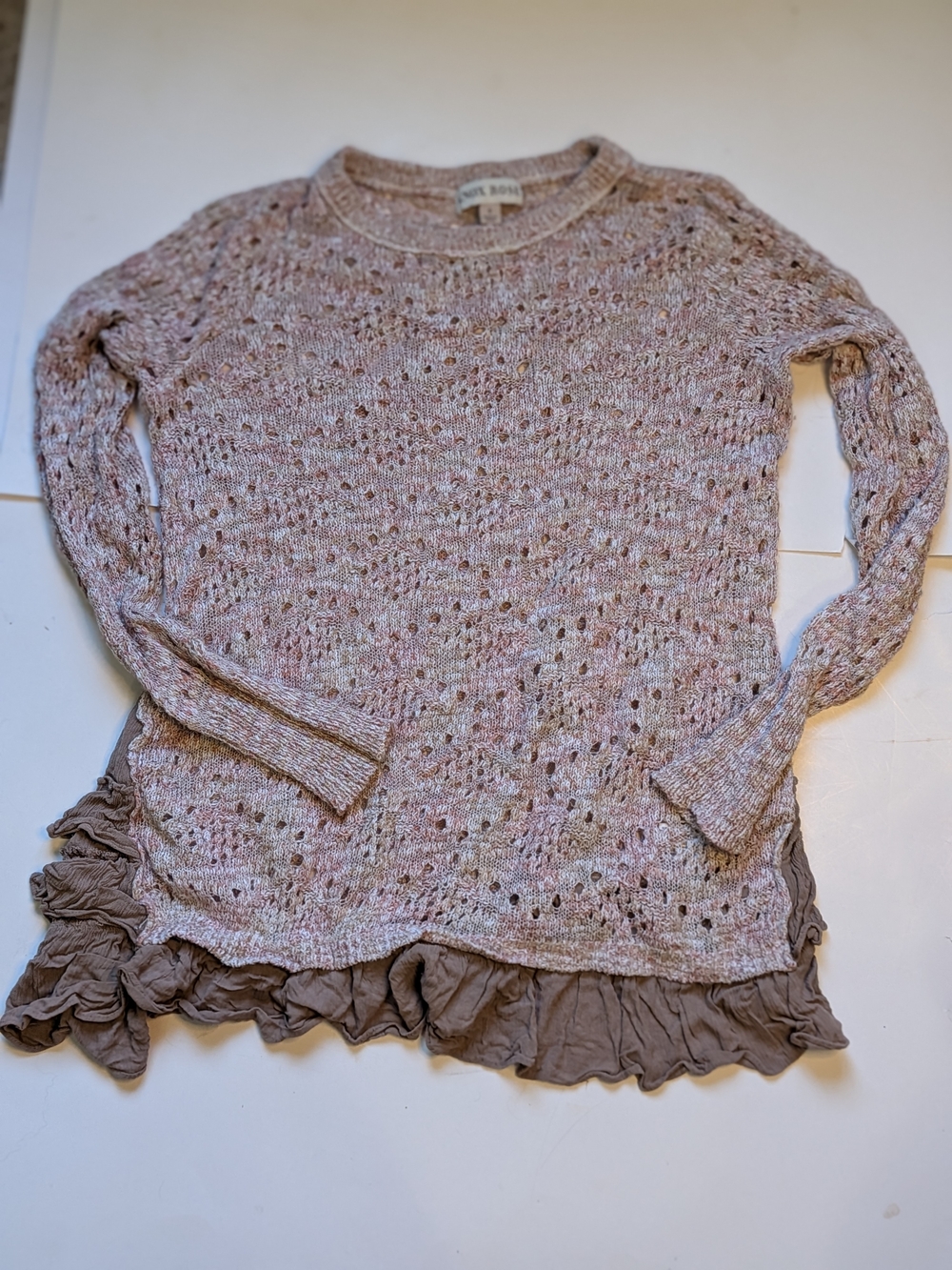 Free People pink heathered open-knit sweater with taupe ruffle hem